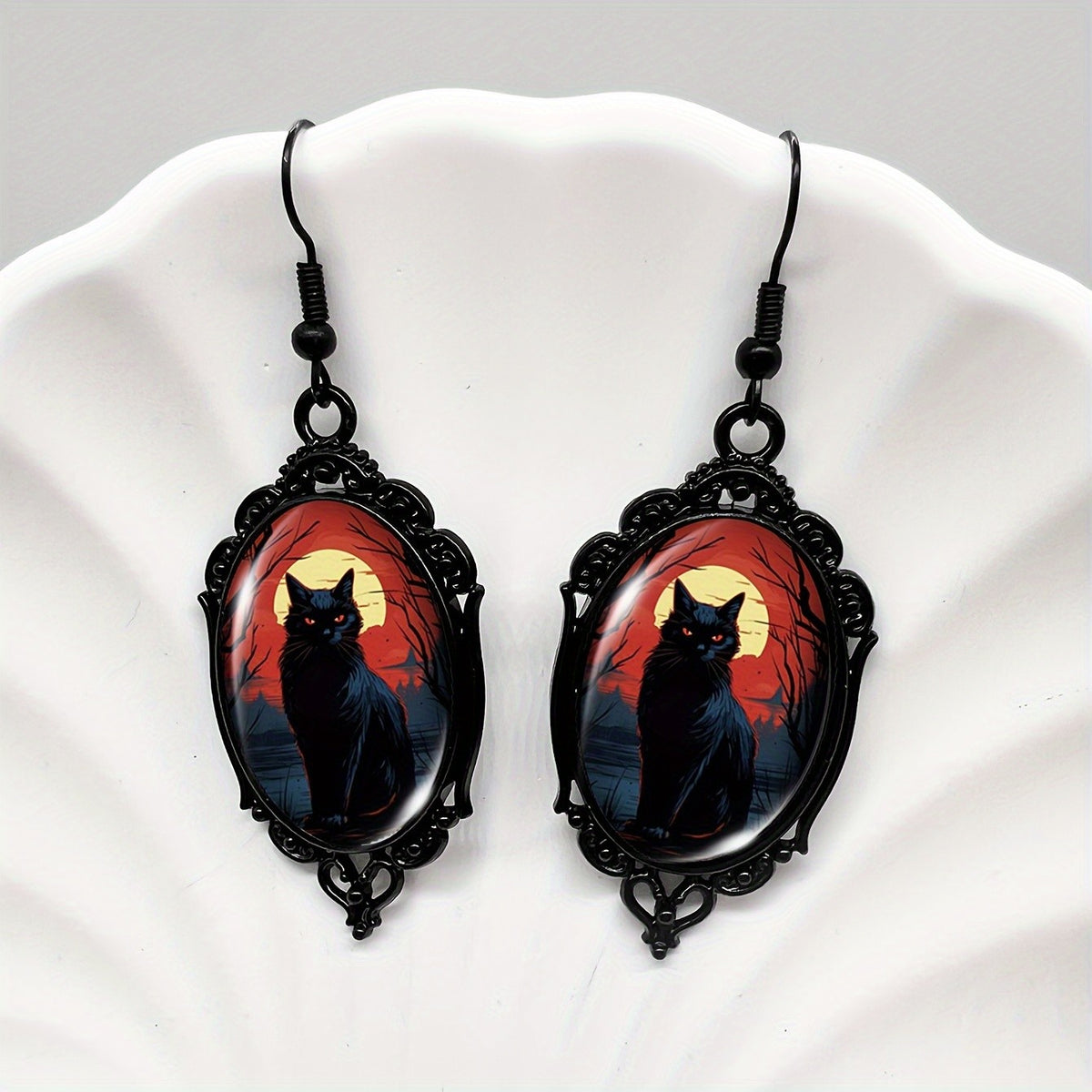 Black Cat Oval Dangle Earrings