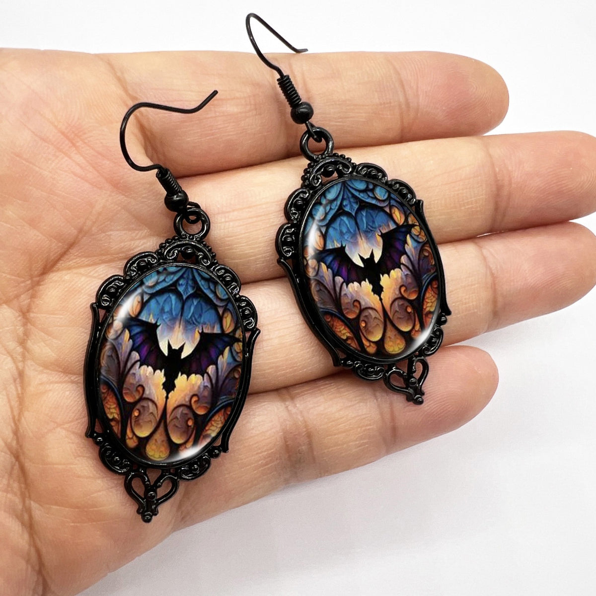 Gothic Bat Oval Earrings