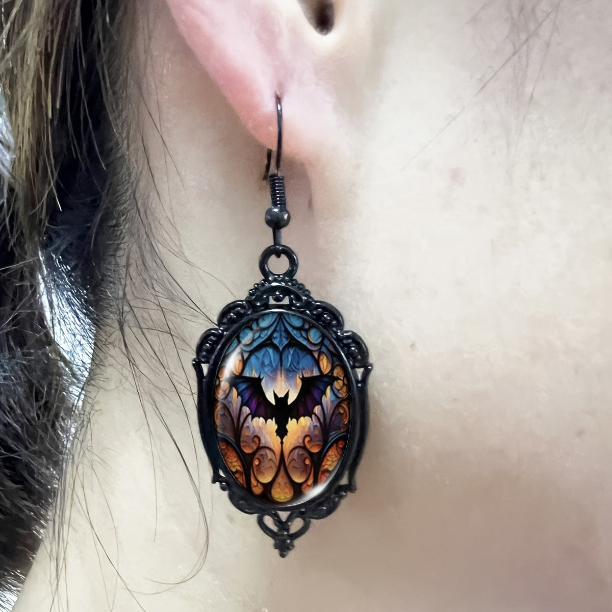 Gothic Bat Oval Earrings