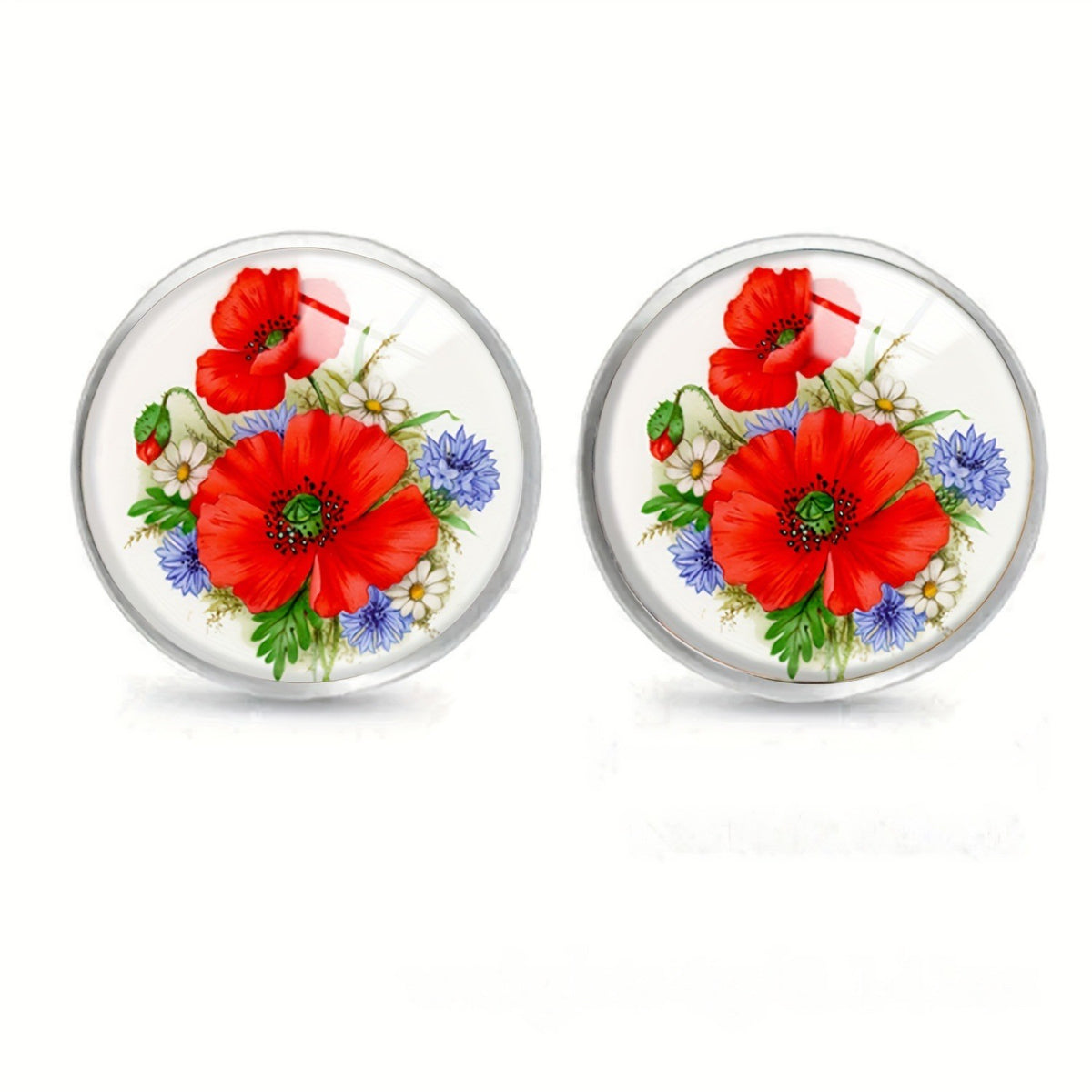 Red Poppy & Blue Floral Glass Dome Stud Earrings