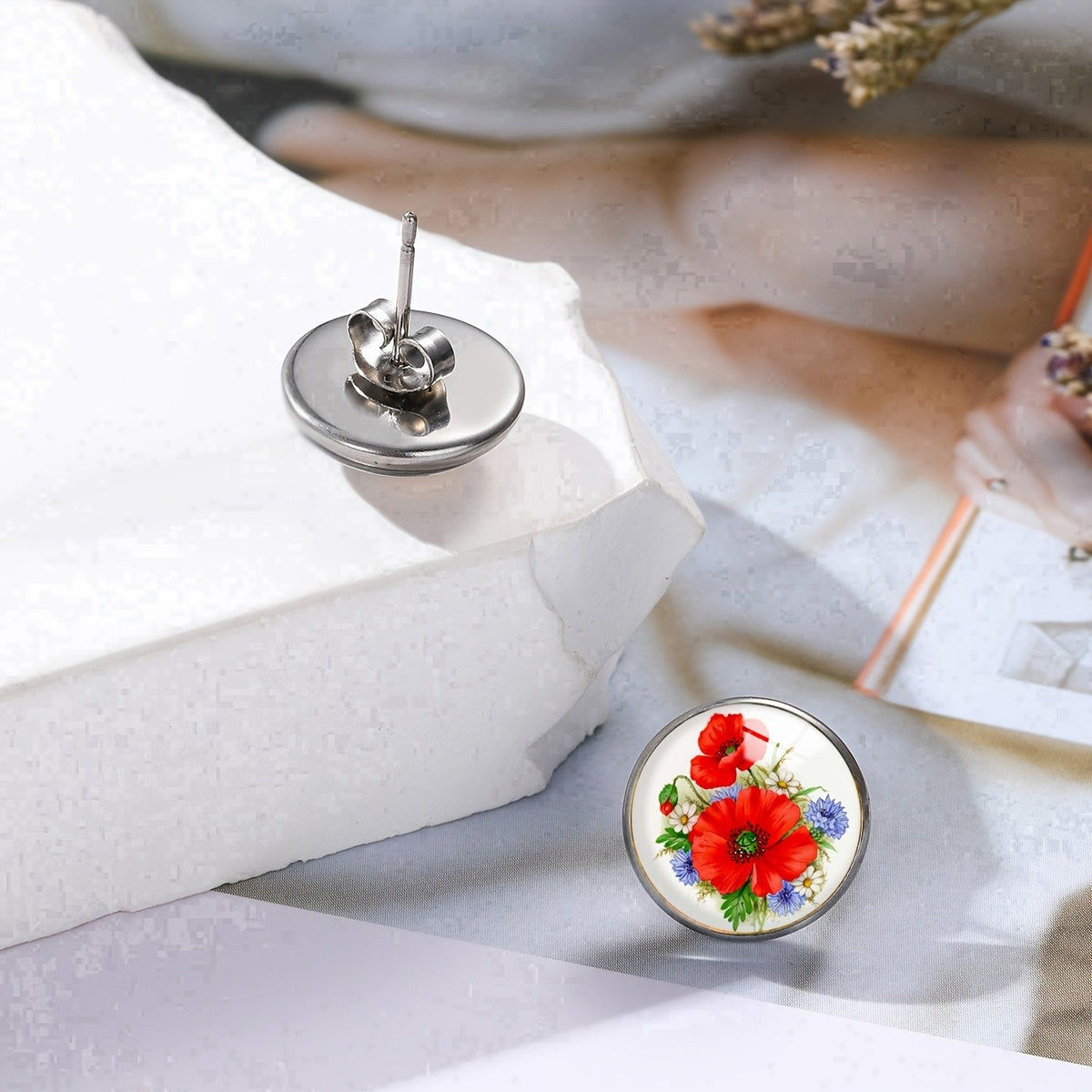 Red Poppy & Blue Floral Glass Dome Stud Earrings