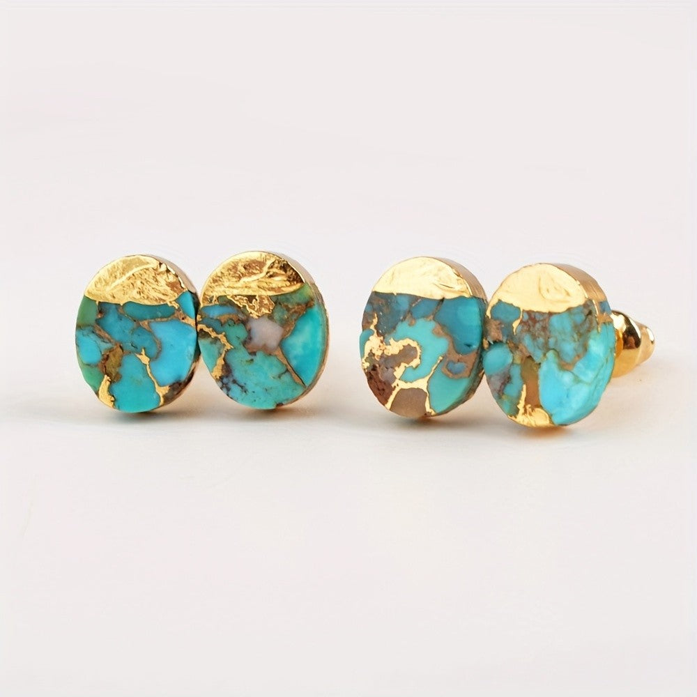Gold-Topped Turquoise Oval Stud Earrings