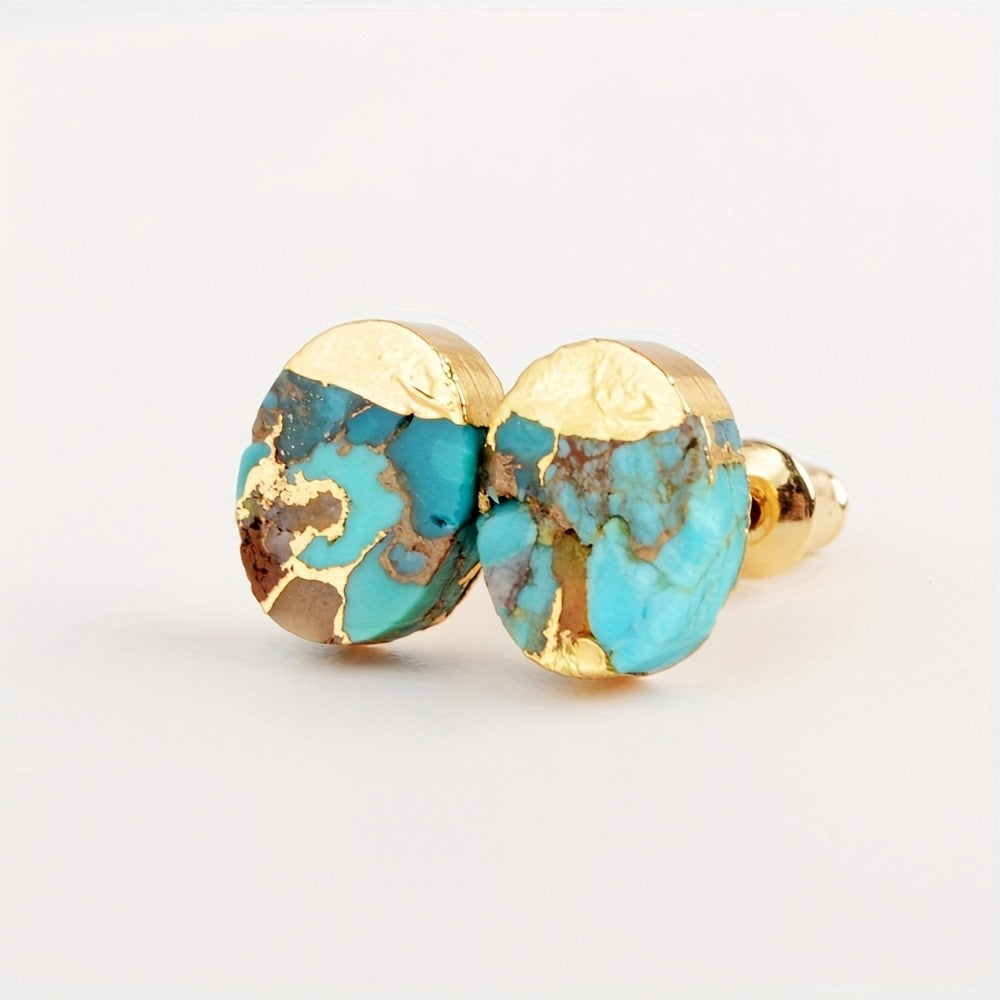 Gold-Topped Turquoise Oval Stud Earrings