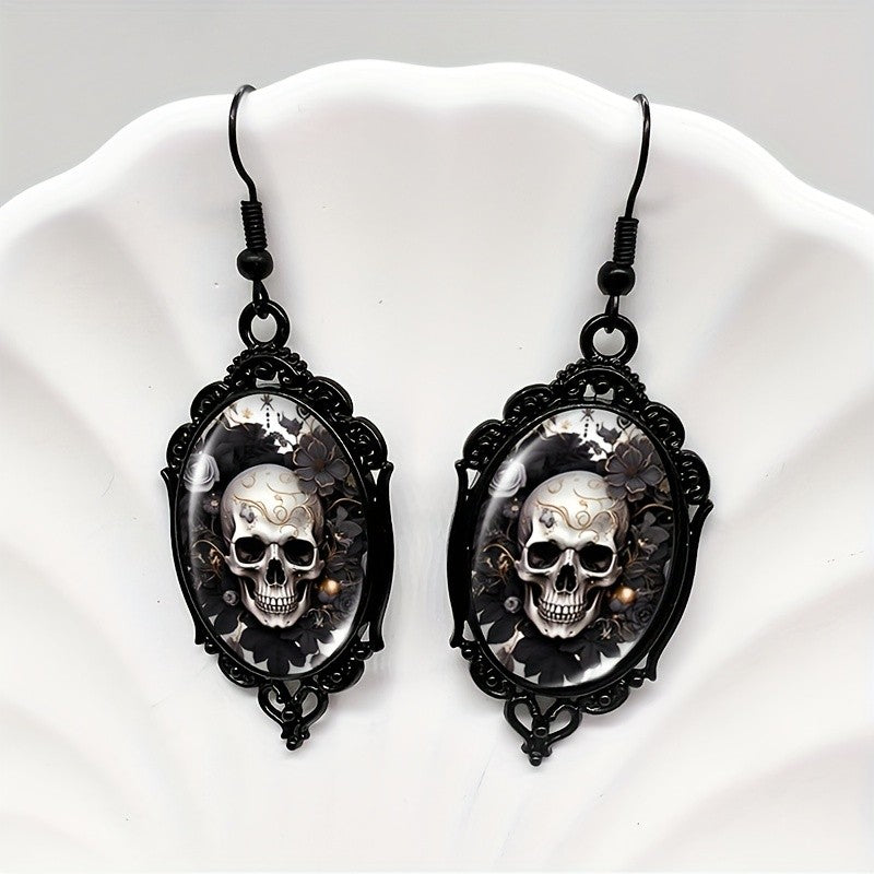 Floral Skull Oval Earrings