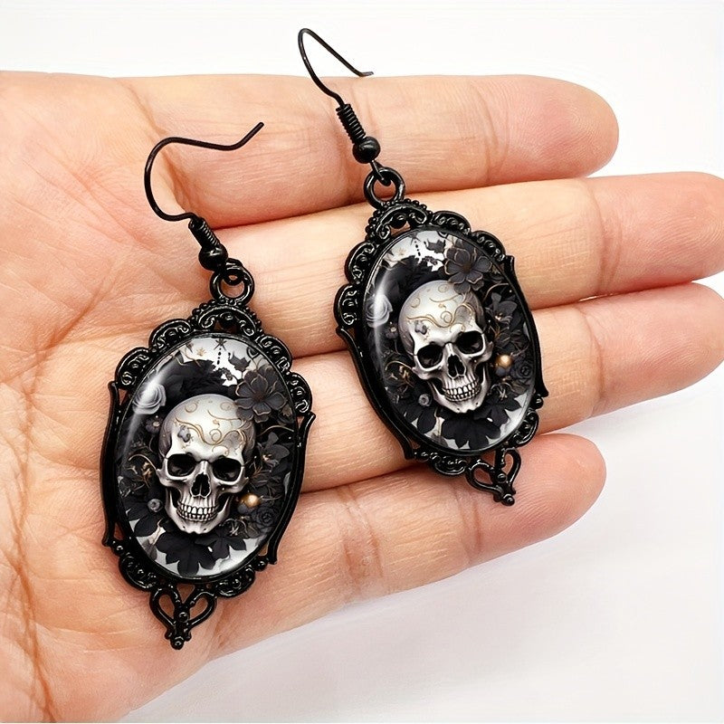 Floral Skull Oval Earrings