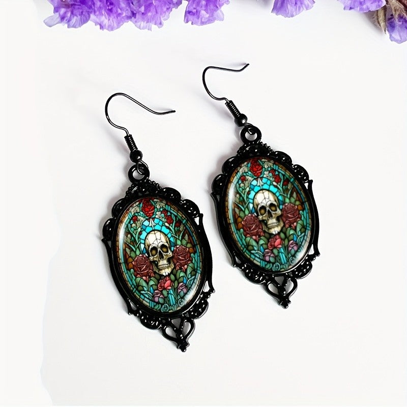 Floral Skull Oval Earrings