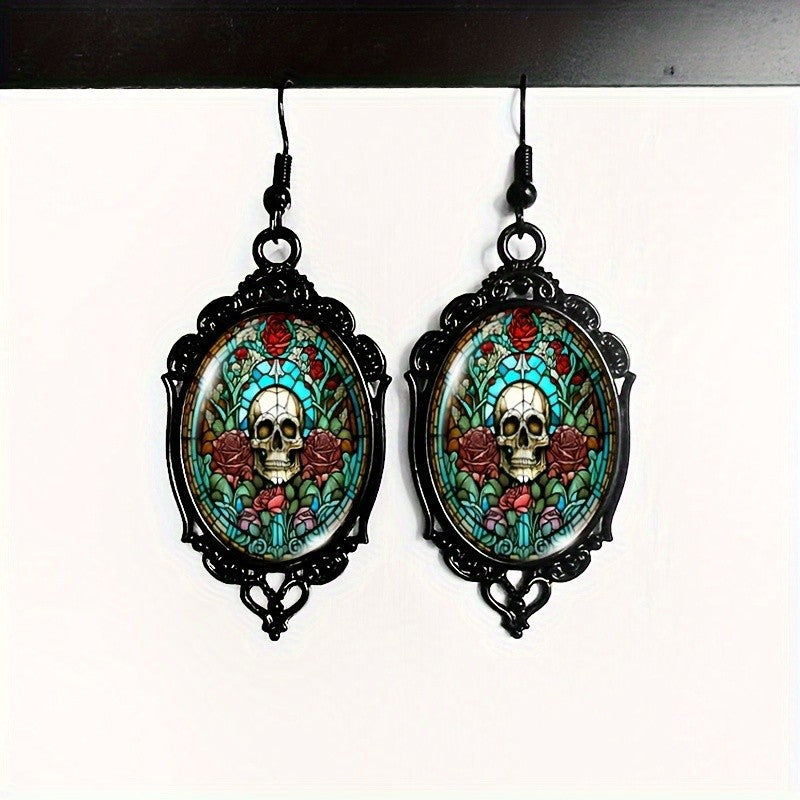 Floral Skull Oval Earrings