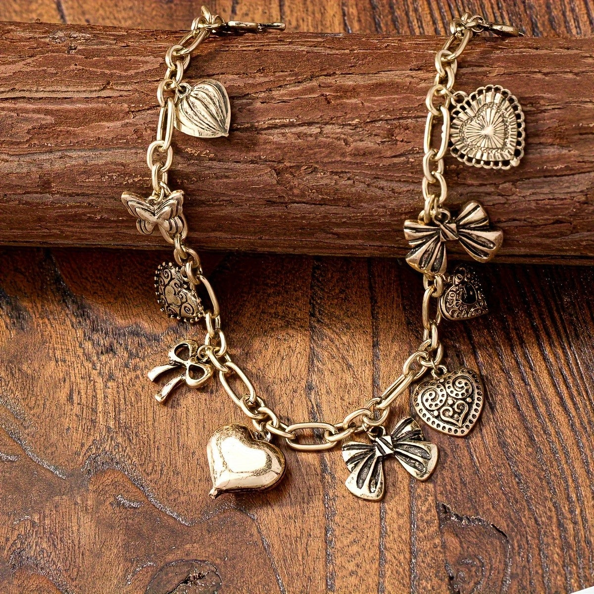 Vintage Heart & Bow Charm Necklace