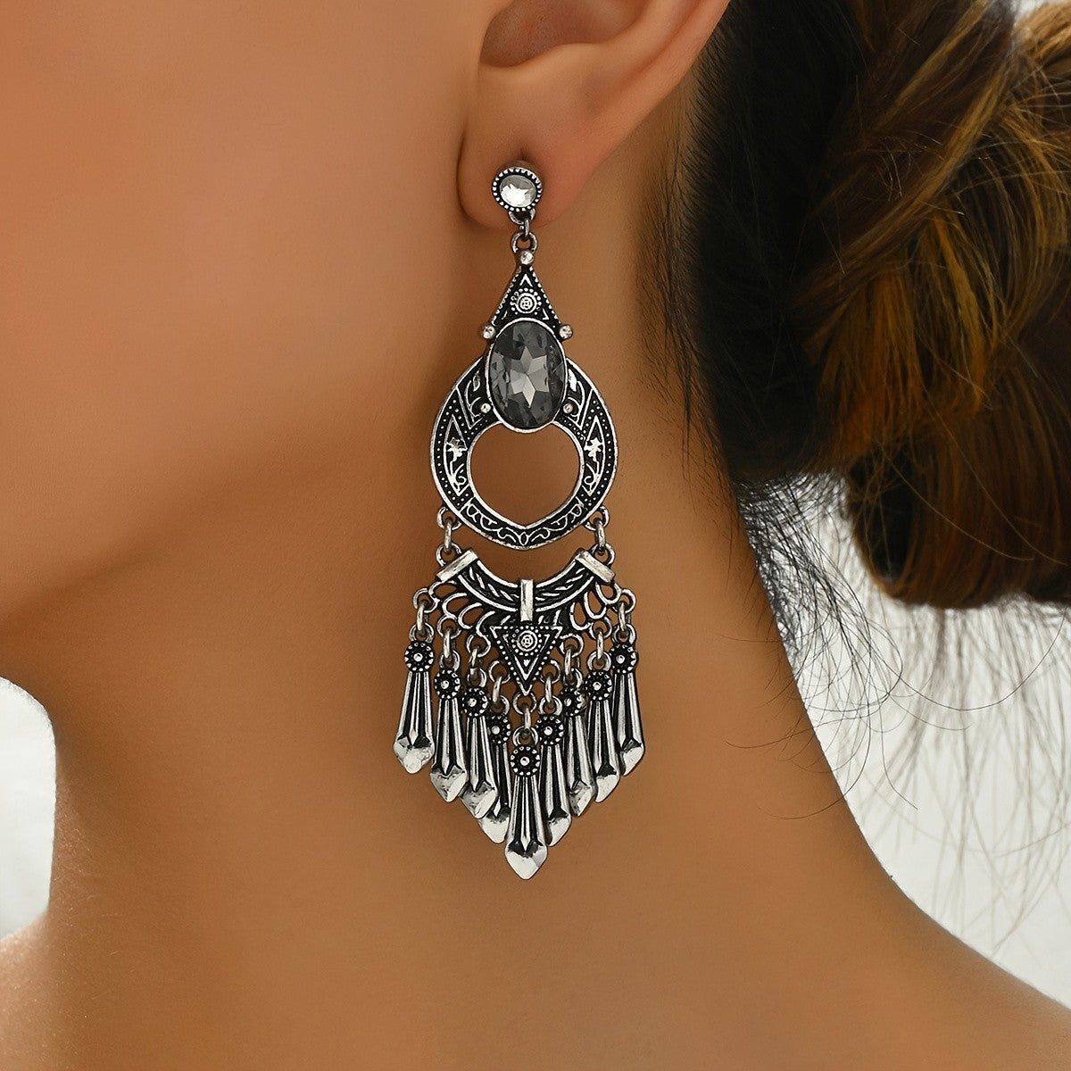 Vintage Oval Stone Tassel Earrings
