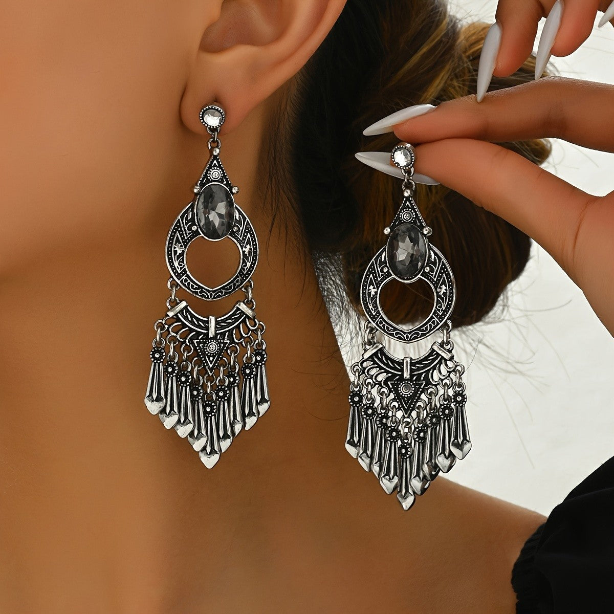 Vintage Oval Stone Tassel Earrings