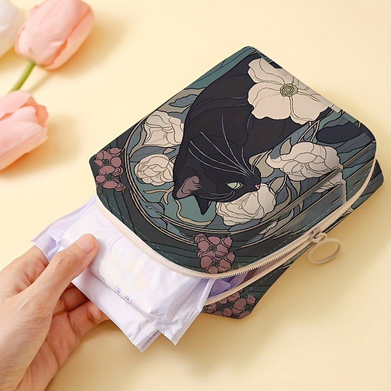 Black Cat Floral Zipper Pouch