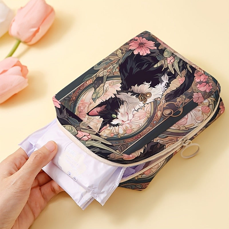 Black Cat Floral Zipper Pouch