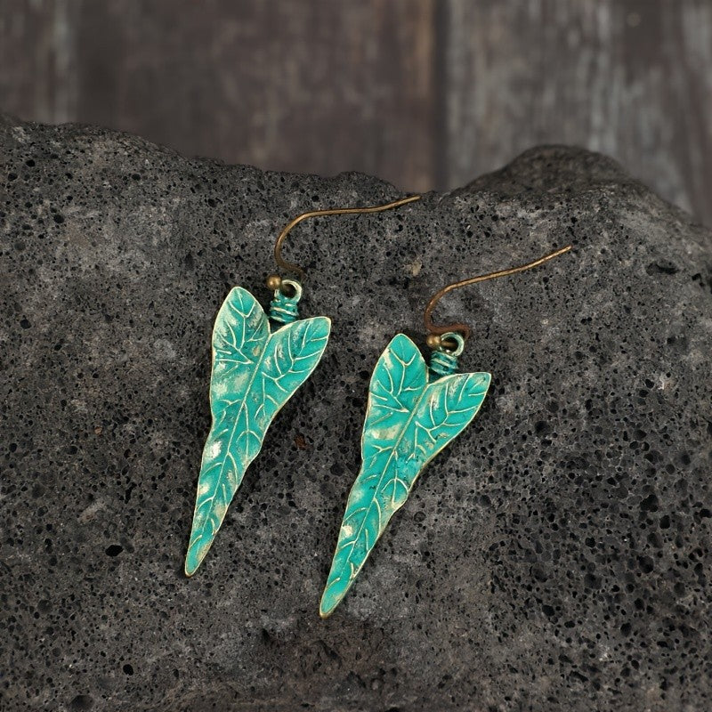 Distressed Teal Leaf Earrings