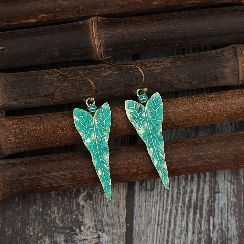 Distressed Teal Leaf Earrings