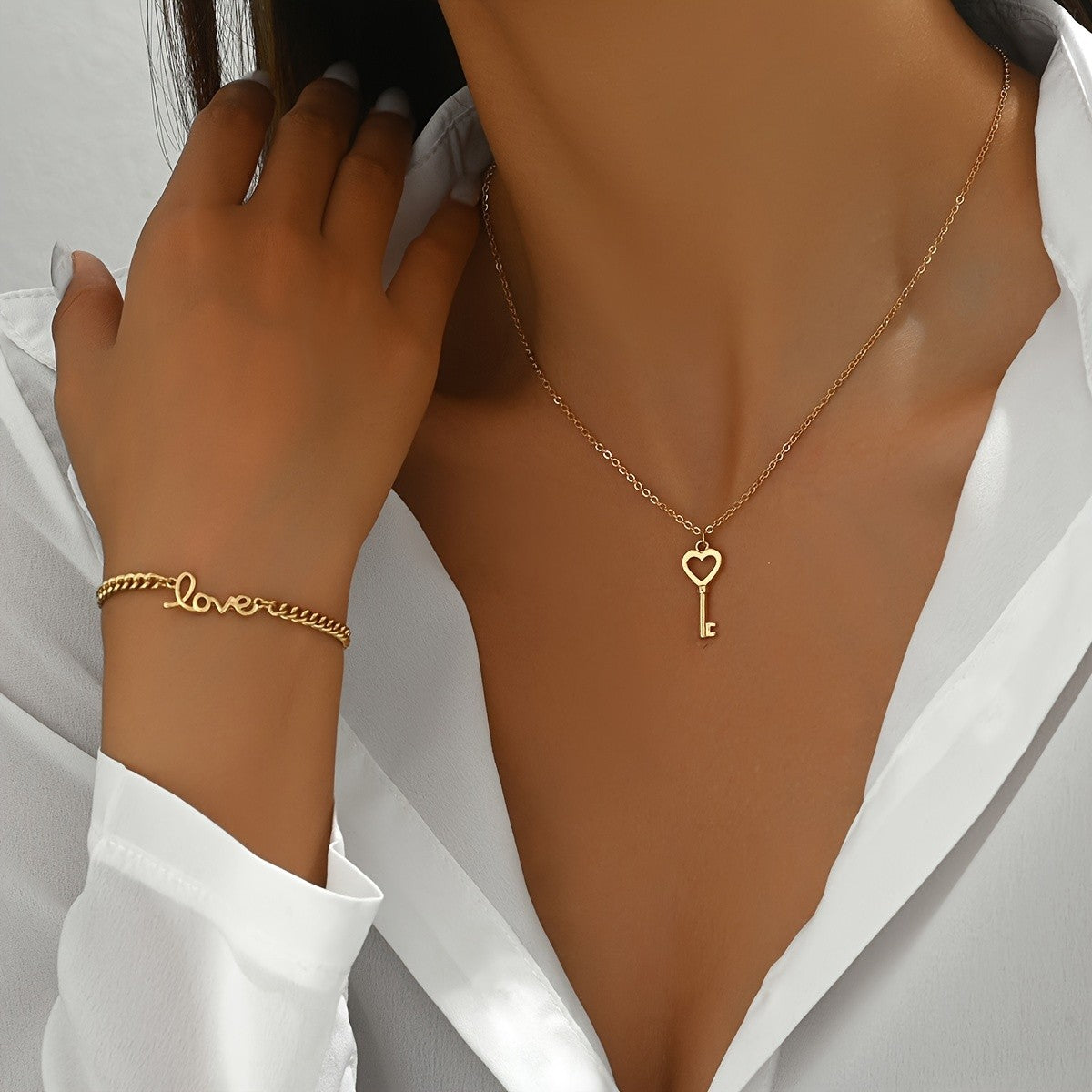 Heart Key Necklace & Love Bracelet Set