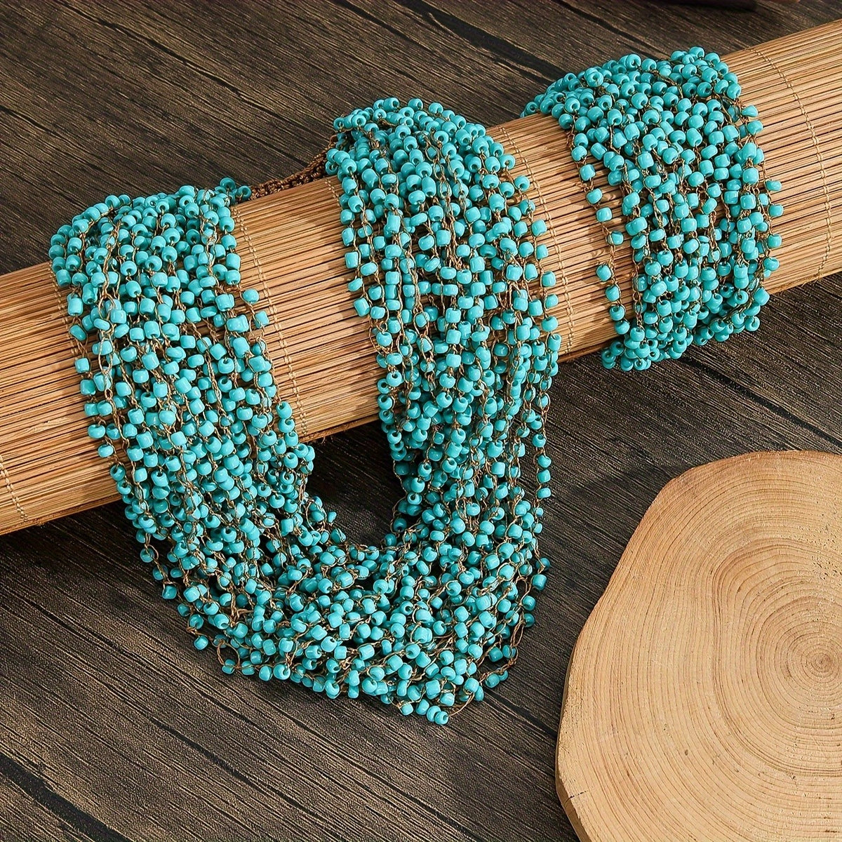 Turquoise Beaded Mesh Scarf Necklace