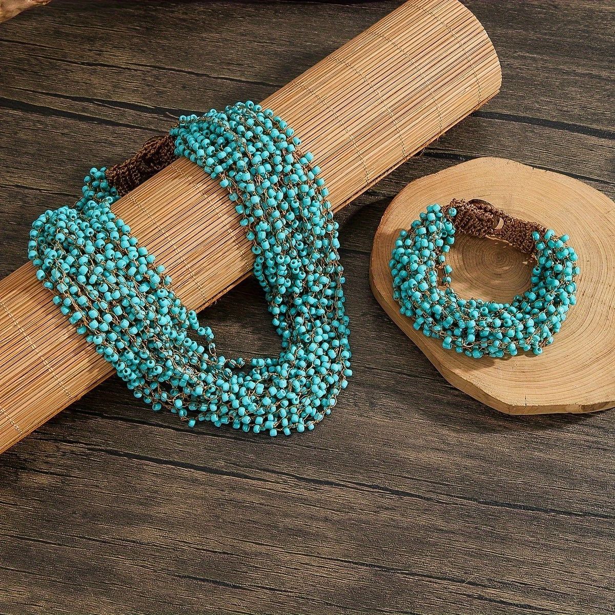 Turquoise Beaded Mesh Scarf Necklace