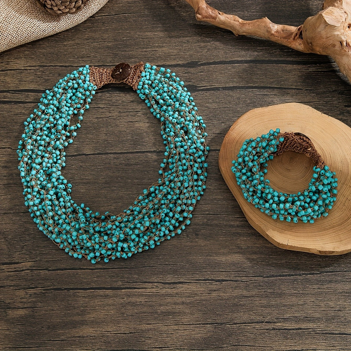 Turquoise Beaded Mesh Scarf Necklace