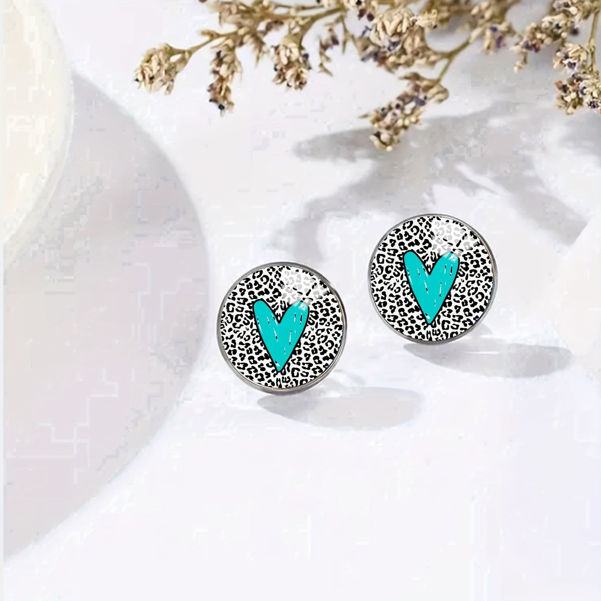 Teal Heart Leopard Stud Earrings