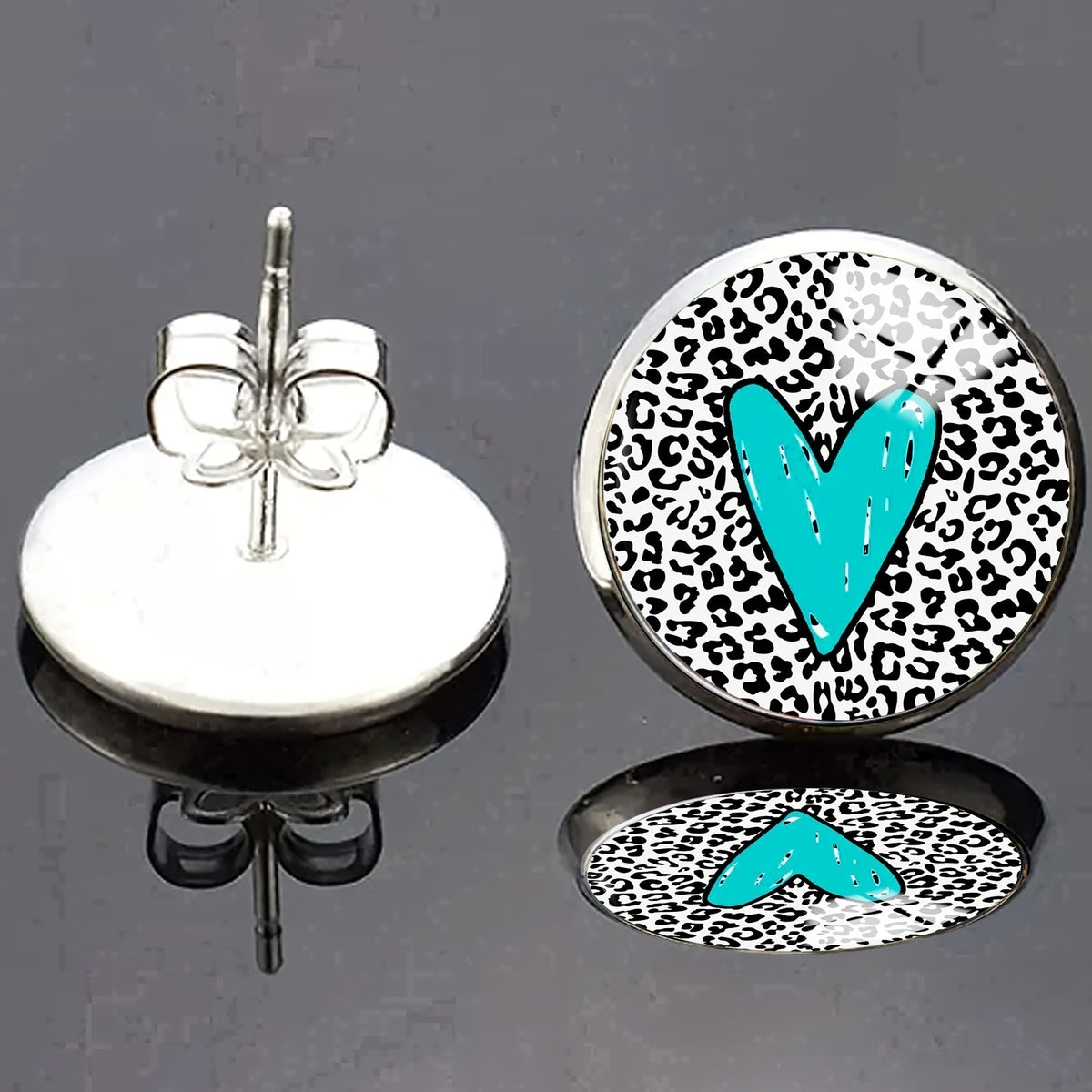Teal Heart Leopard Stud Earrings