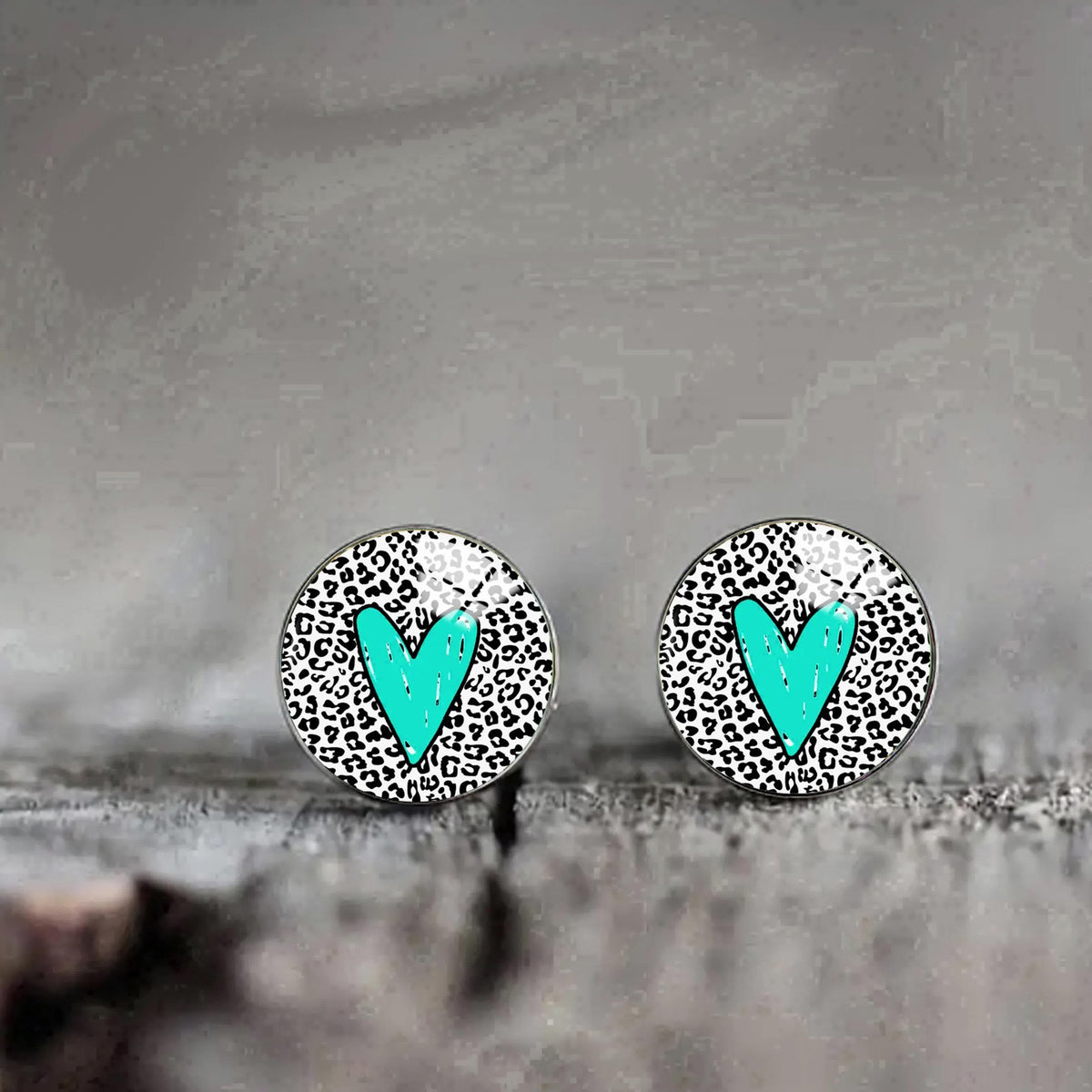Teal Heart Leopard Stud Earrings