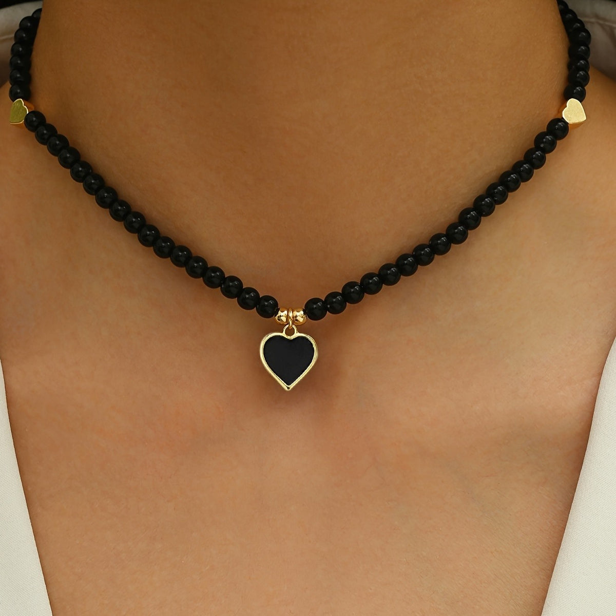 Black Bead Heart Charm Necklace