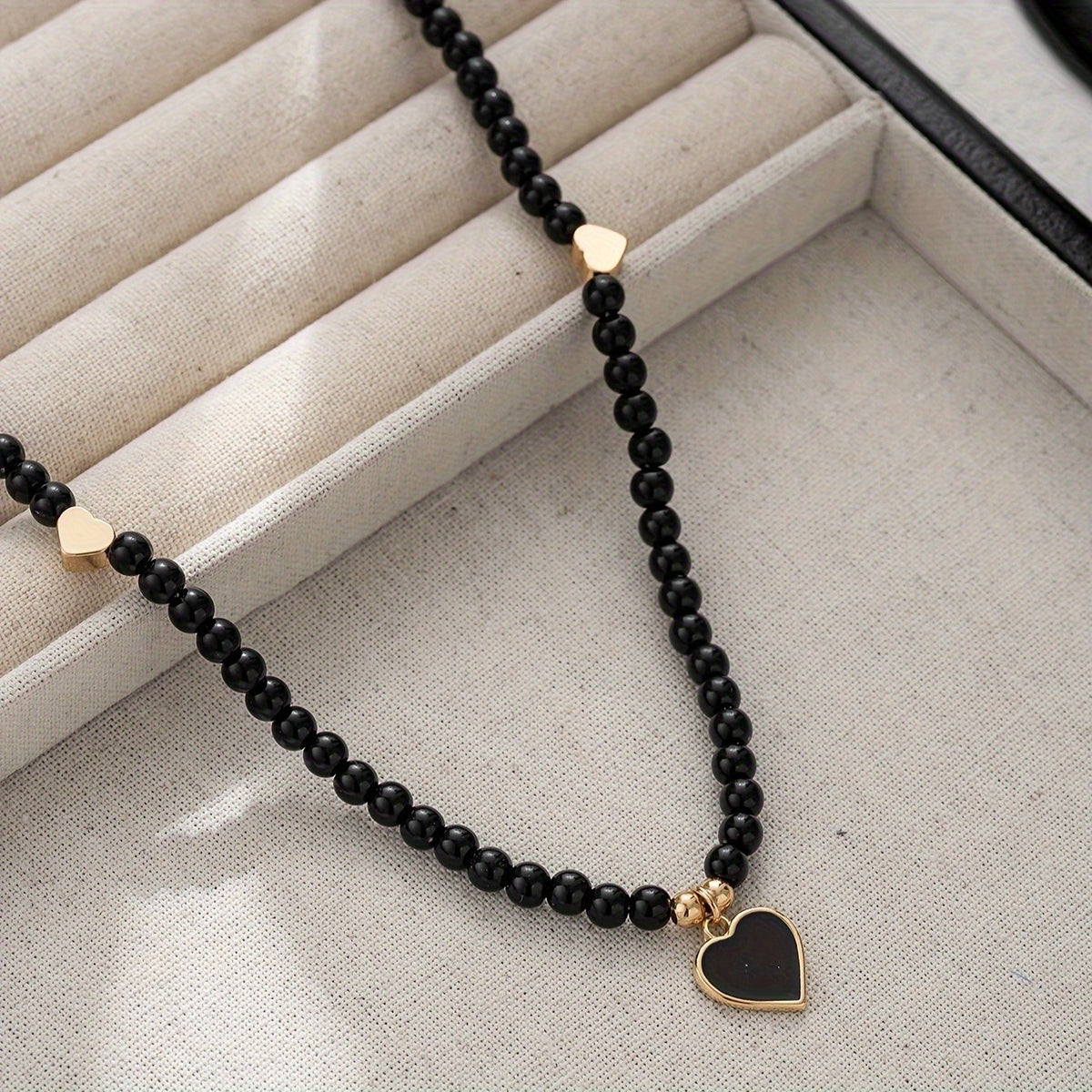 Black Bead Heart Charm Necklace