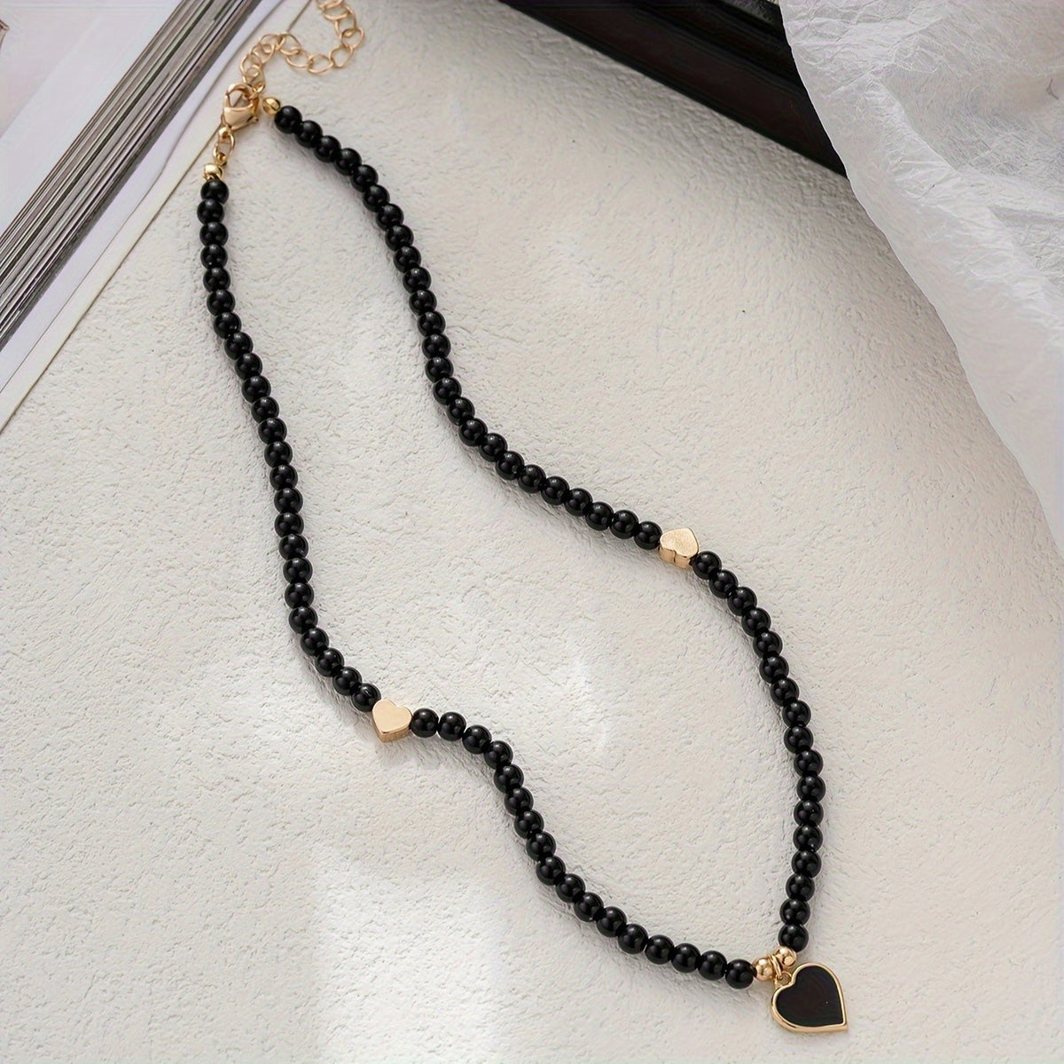 Black Bead Heart Charm Necklace