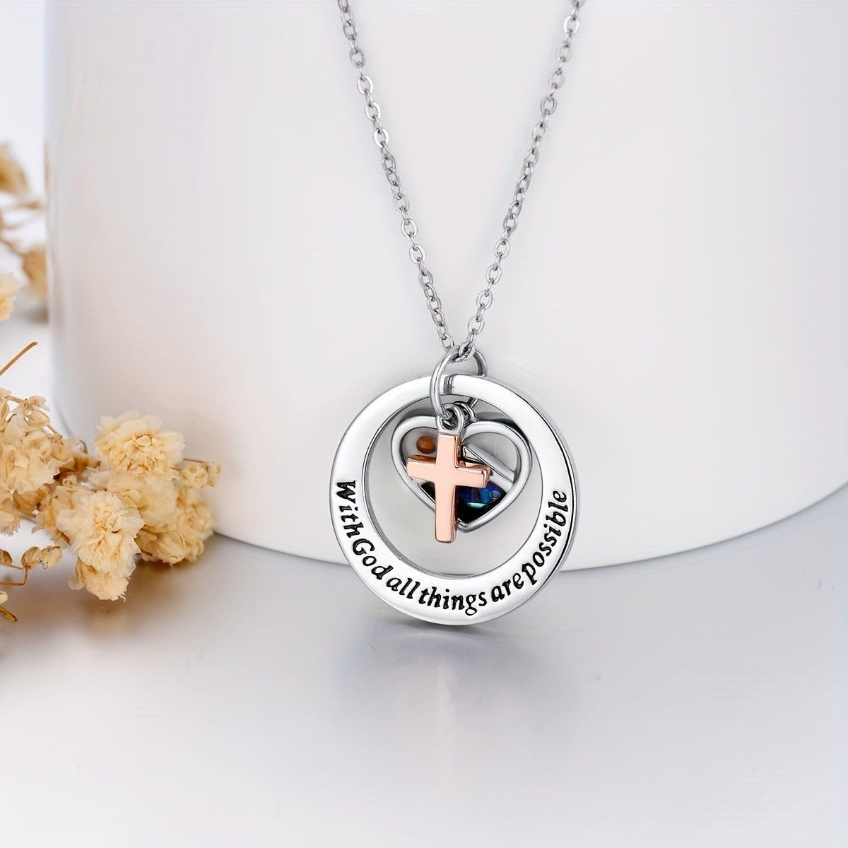Inlaid Heart Cross Disc Necklace