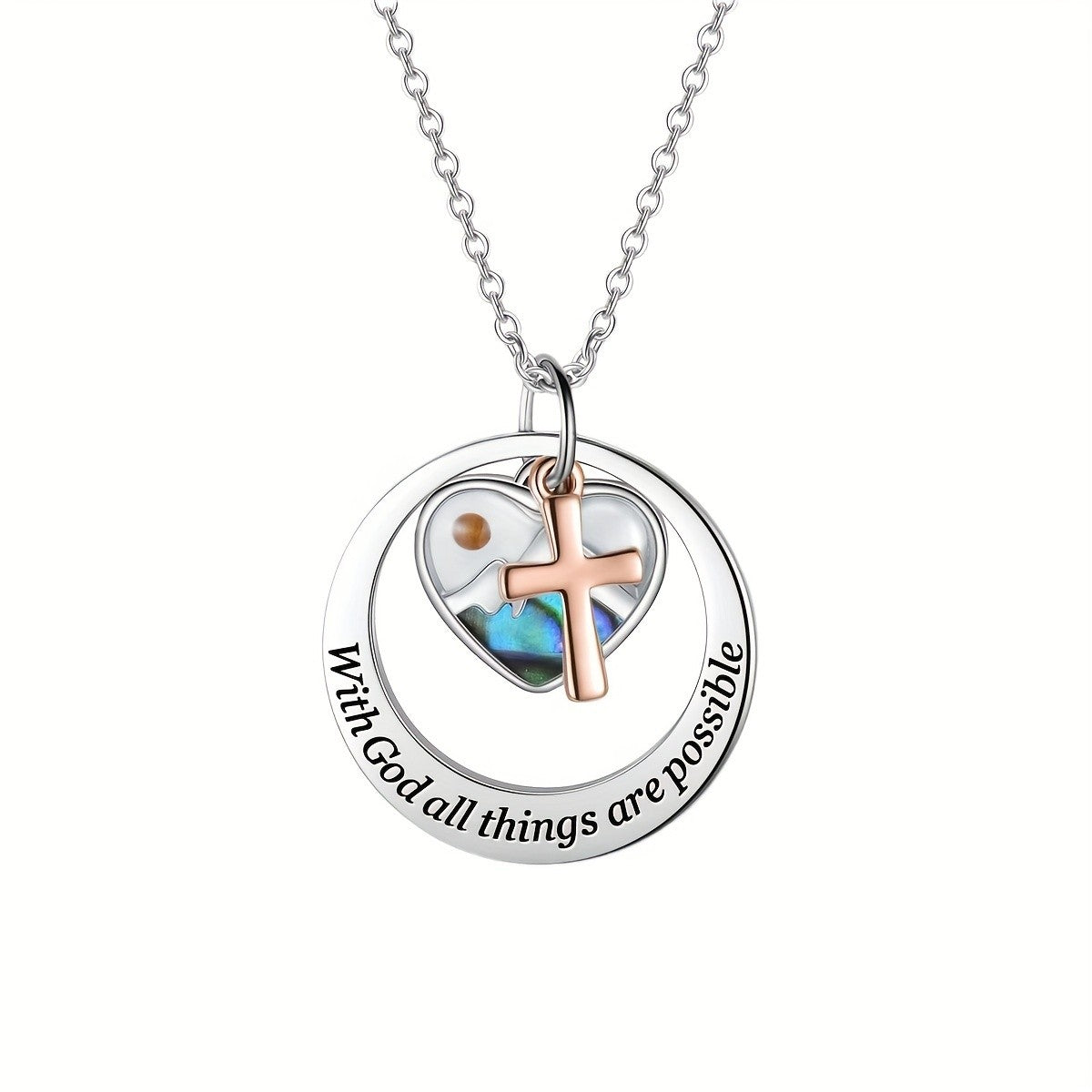Inlaid Heart Cross Disc Necklace