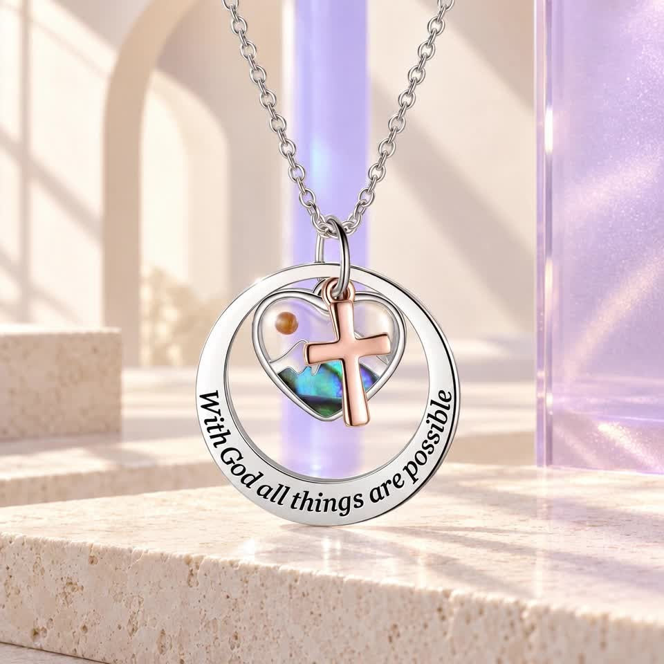 Inlaid Heart Cross Disc Necklace