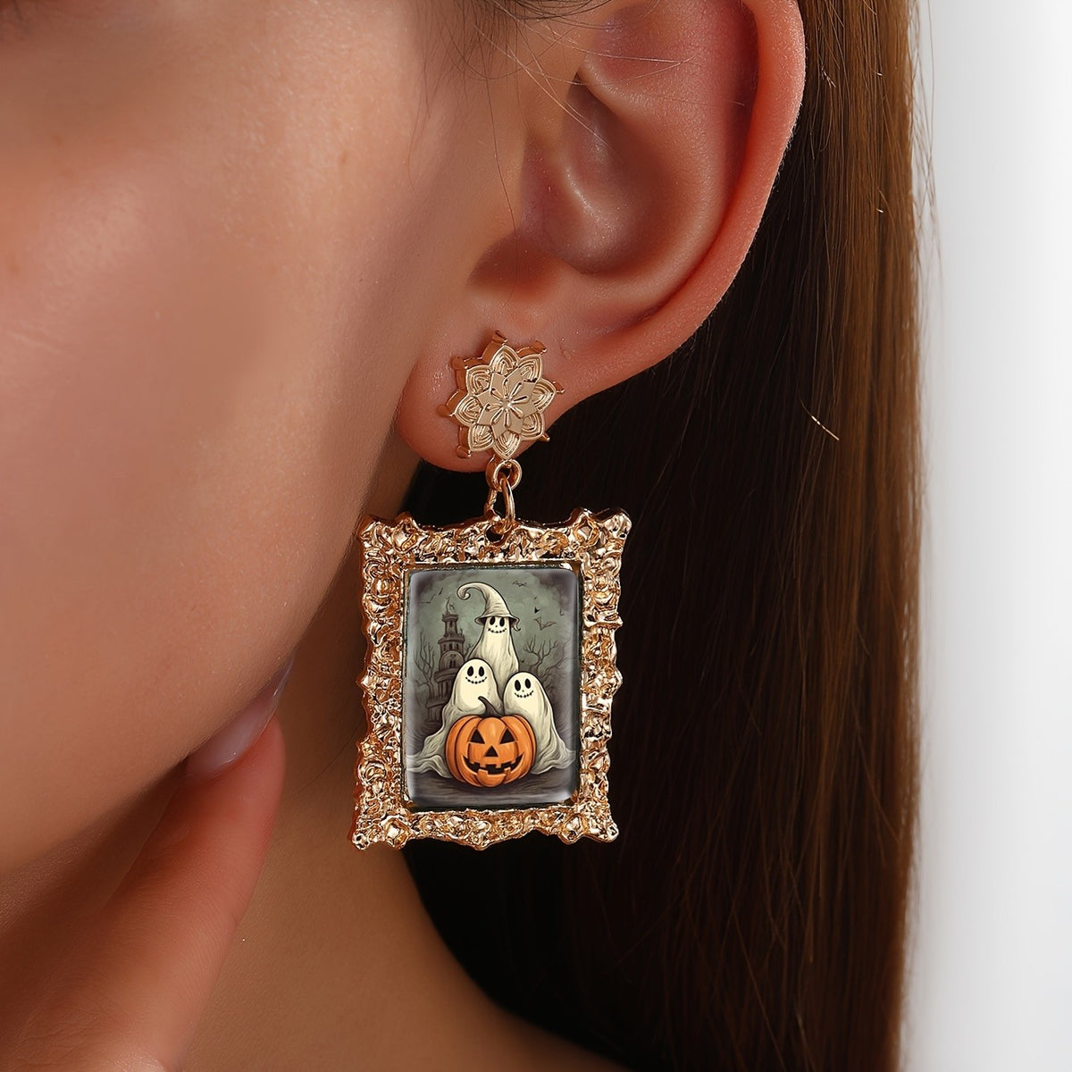 Halloween Ghost & Pumpkin Frame Earrings