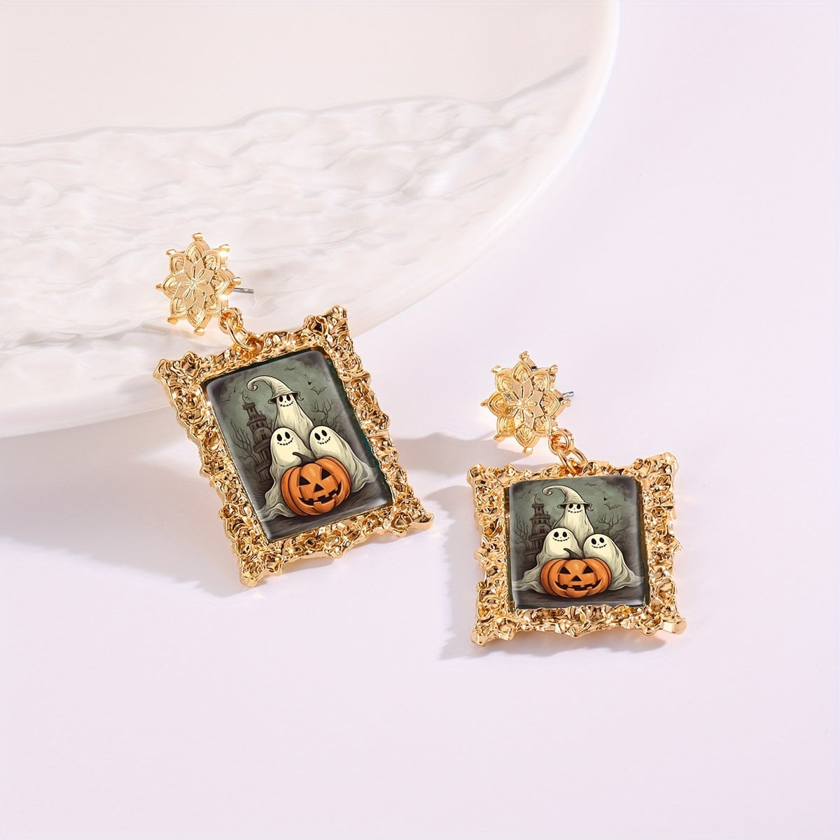Halloween Ghost & Pumpkin Frame Earrings