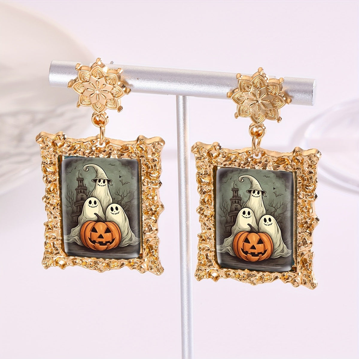 Halloween Ghost & Pumpkin Frame Earrings