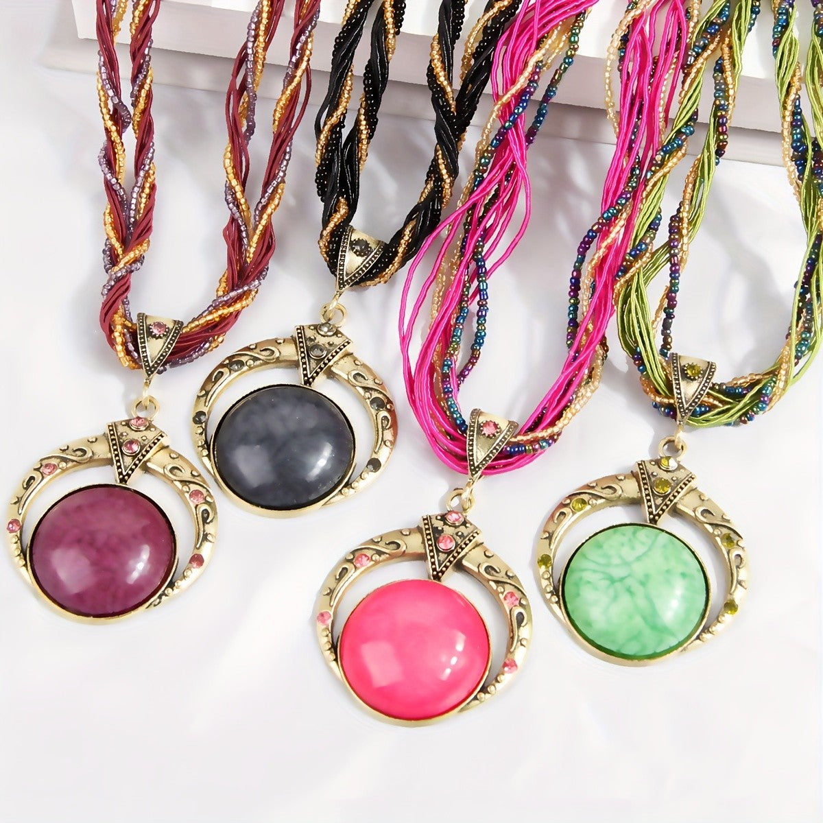 Woven Bead Crescent Pendant Necklace