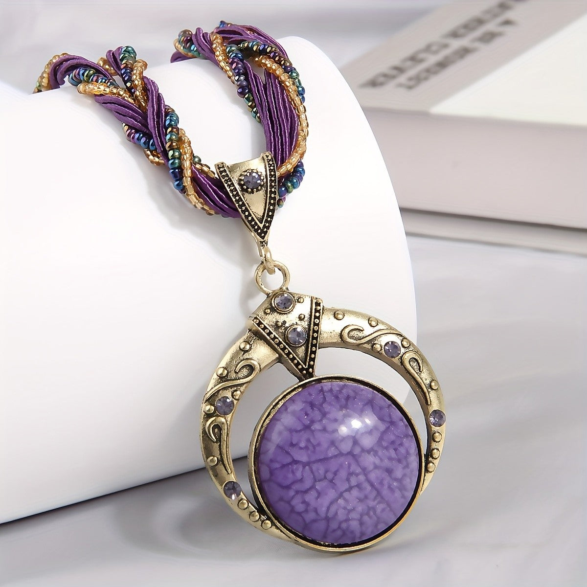 Woven Bead Crescent Pendant Necklace