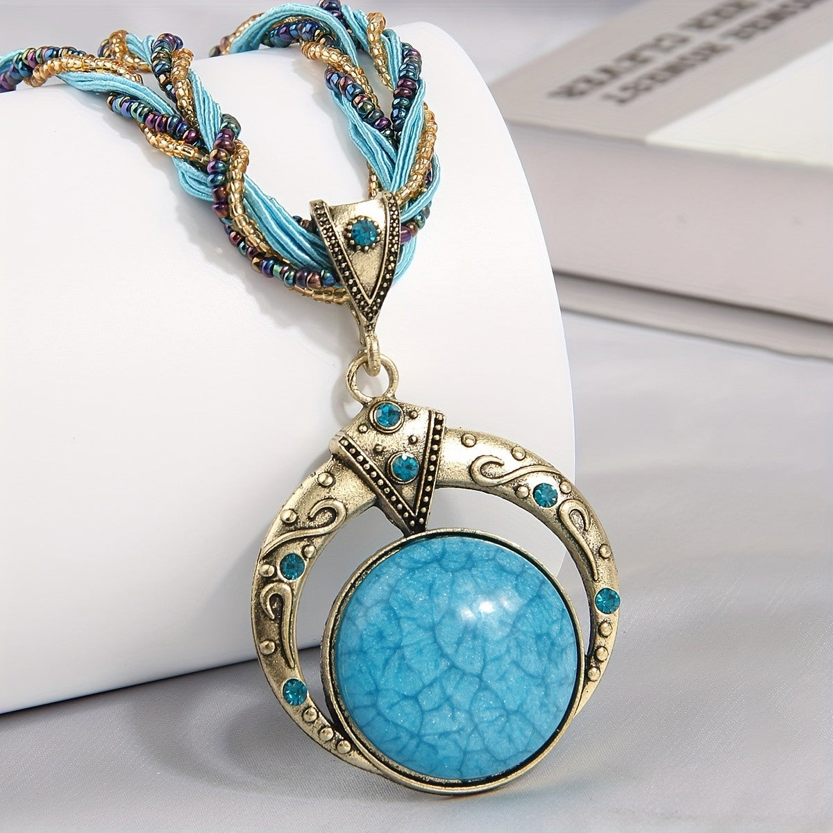 Woven Bead Crescent Pendant Necklace