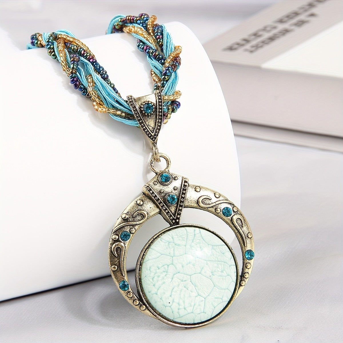 Woven Bead Crescent Pendant Necklace