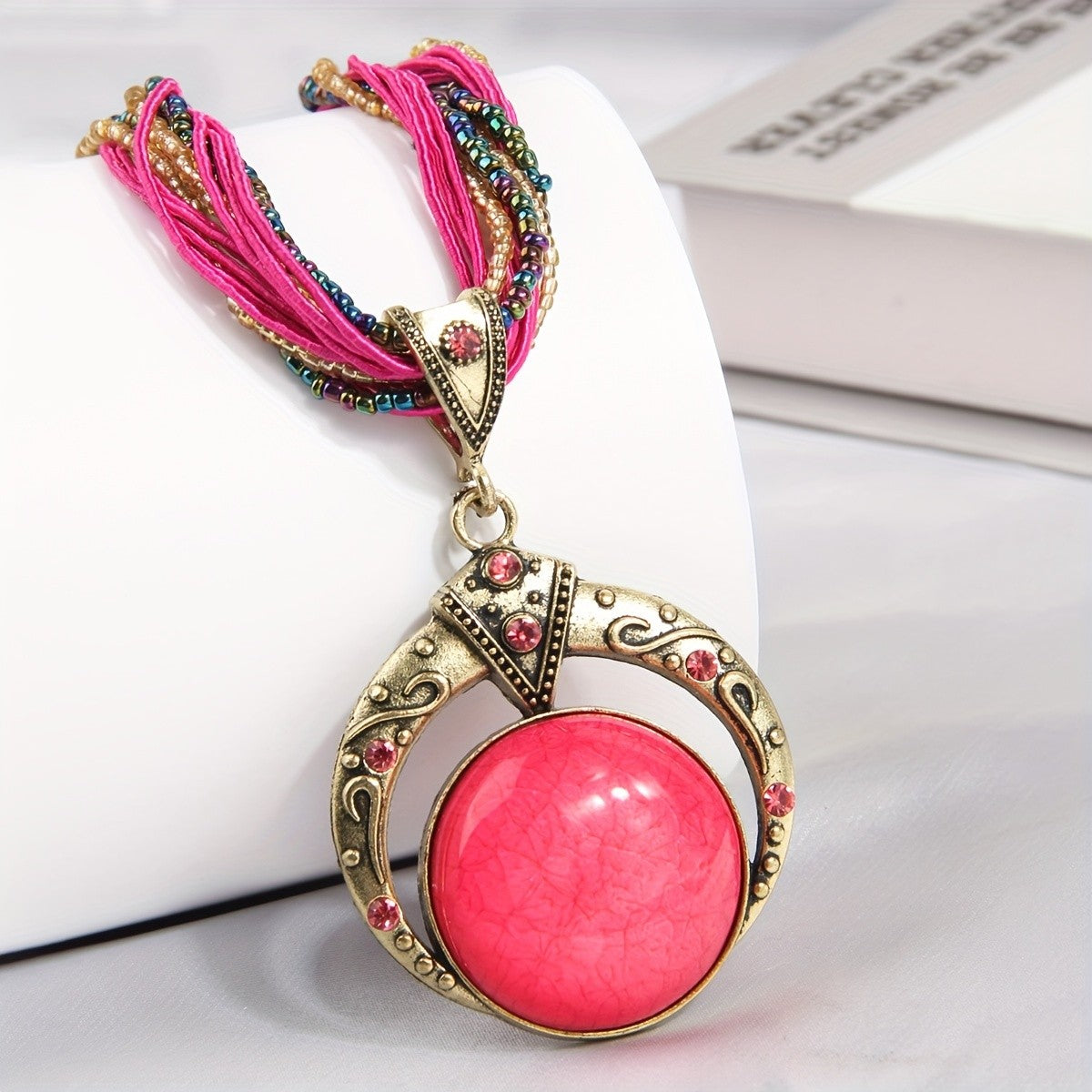 Woven Bead Crescent Pendant Necklace