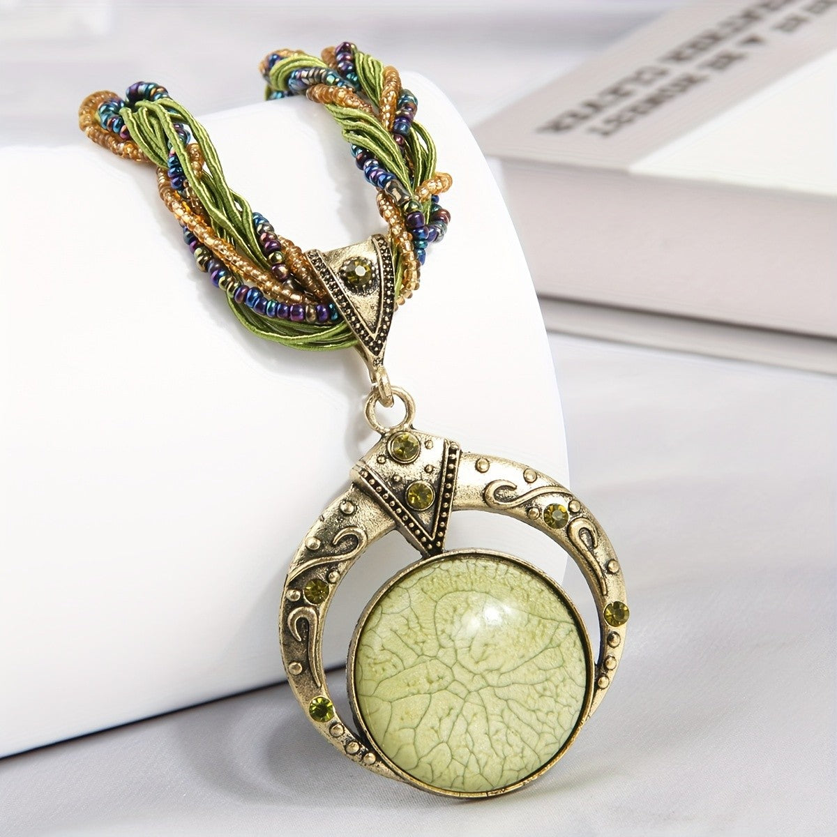 Woven Bead Crescent Pendant Necklace