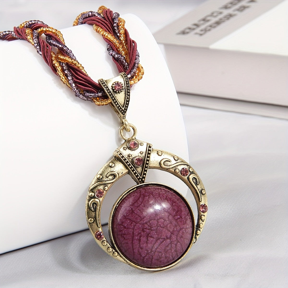 Woven Bead Crescent Pendant Necklace