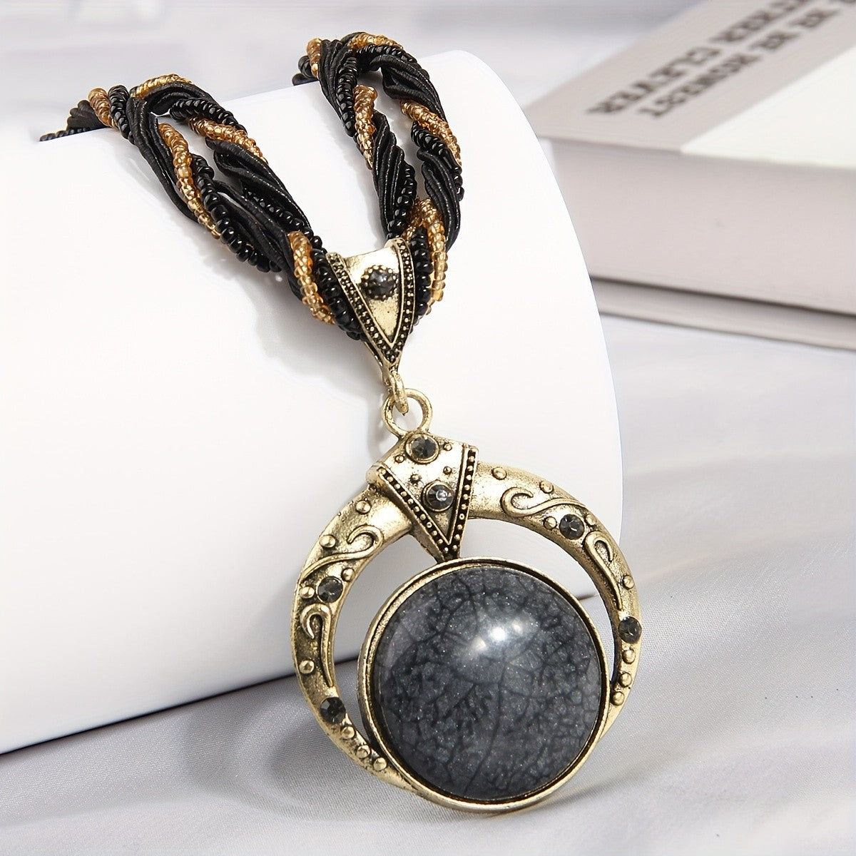 Woven Bead Crescent Pendant Necklace