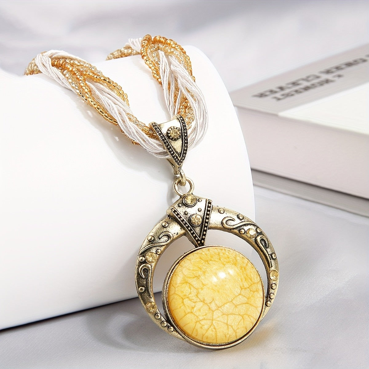 Woven Bead Crescent Pendant Necklace