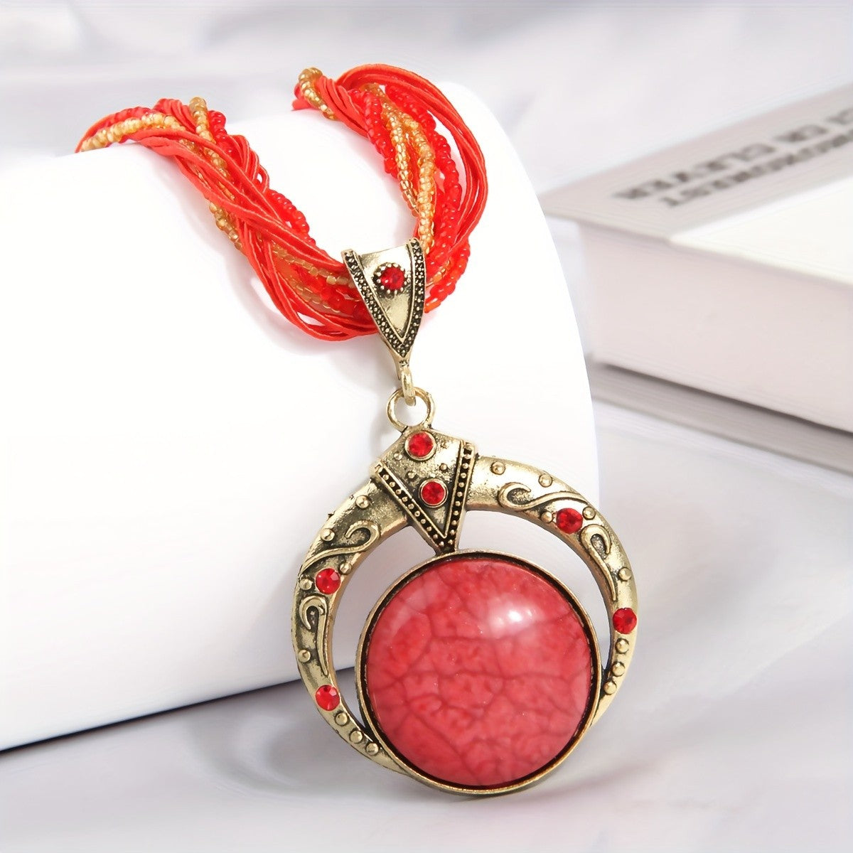 Woven Bead Crescent Pendant Necklace