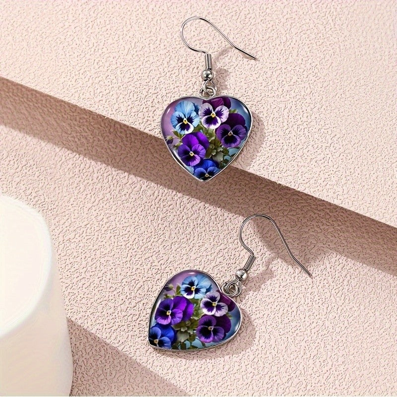 Heart Pansy Flower Earrings