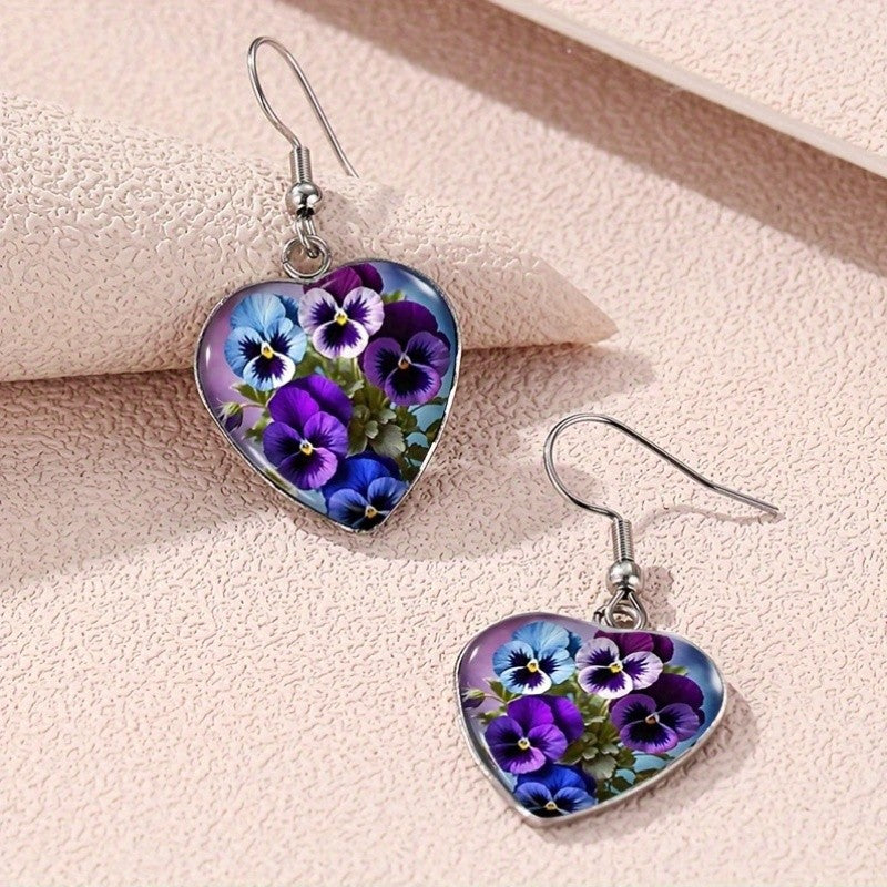 Heart Pansy Flower Earrings