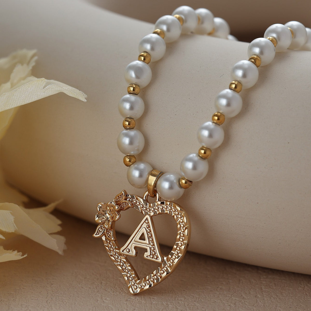 Pearl Beaded Heart Initial Necklace