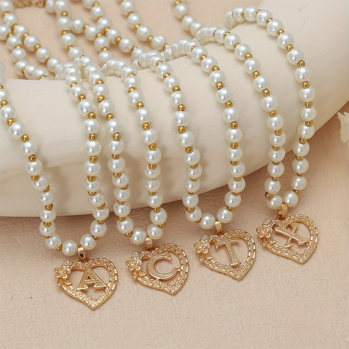 Pearl Beaded Heart Initial Necklace