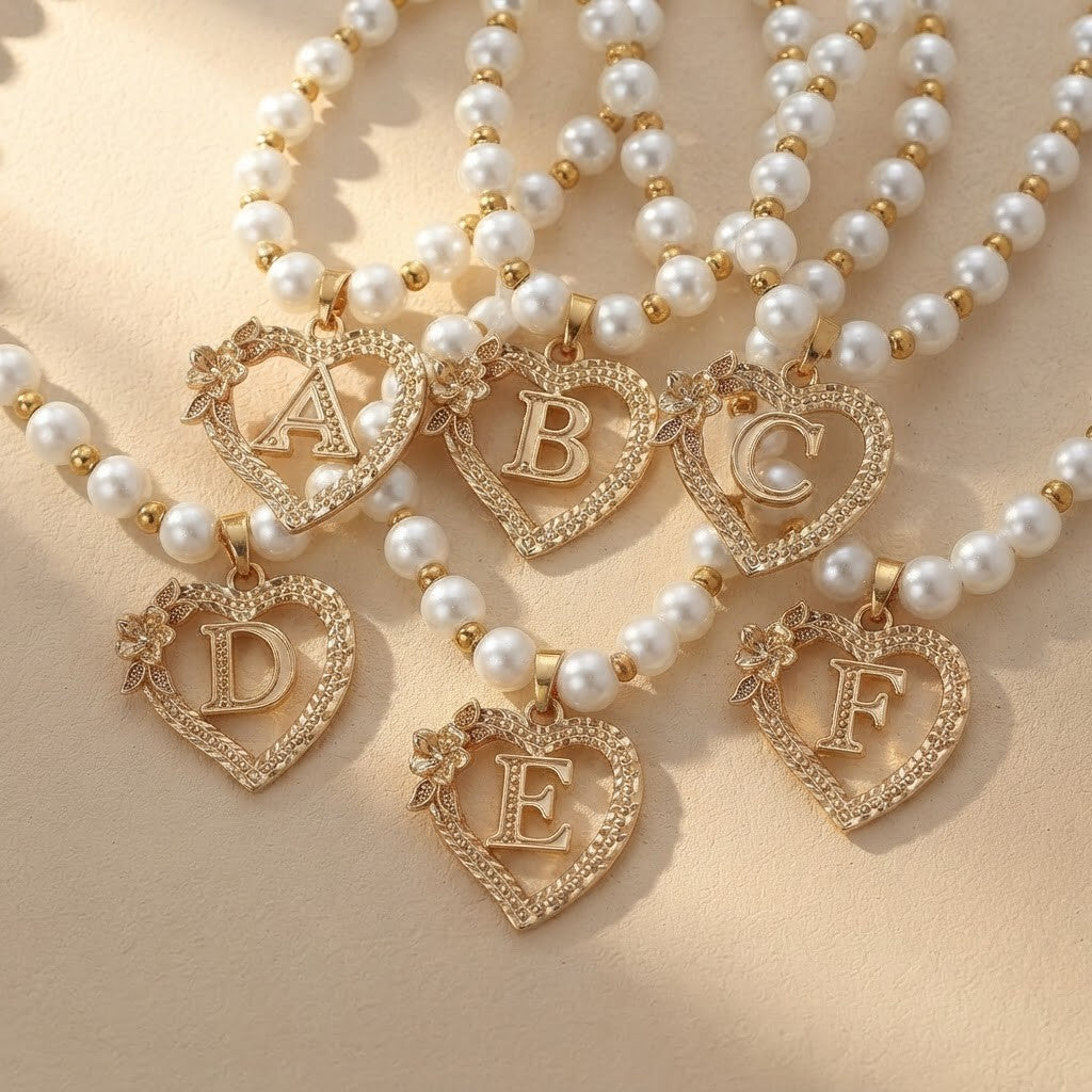 Pearl Beaded Heart Initial Necklace