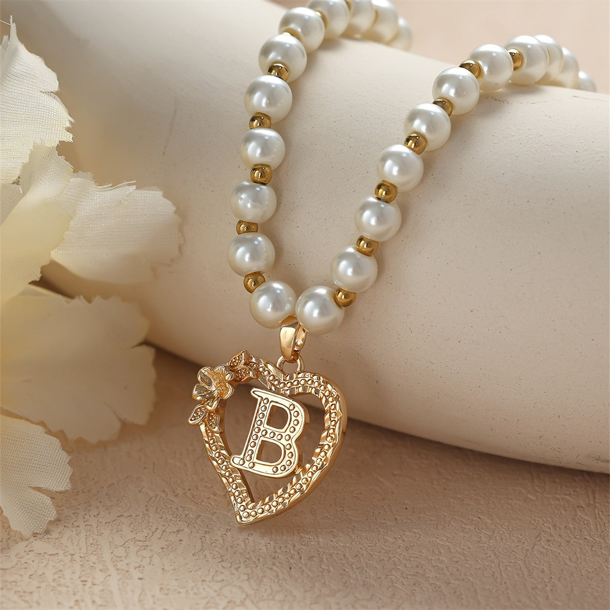 Pearl Beaded Heart Initial Necklace